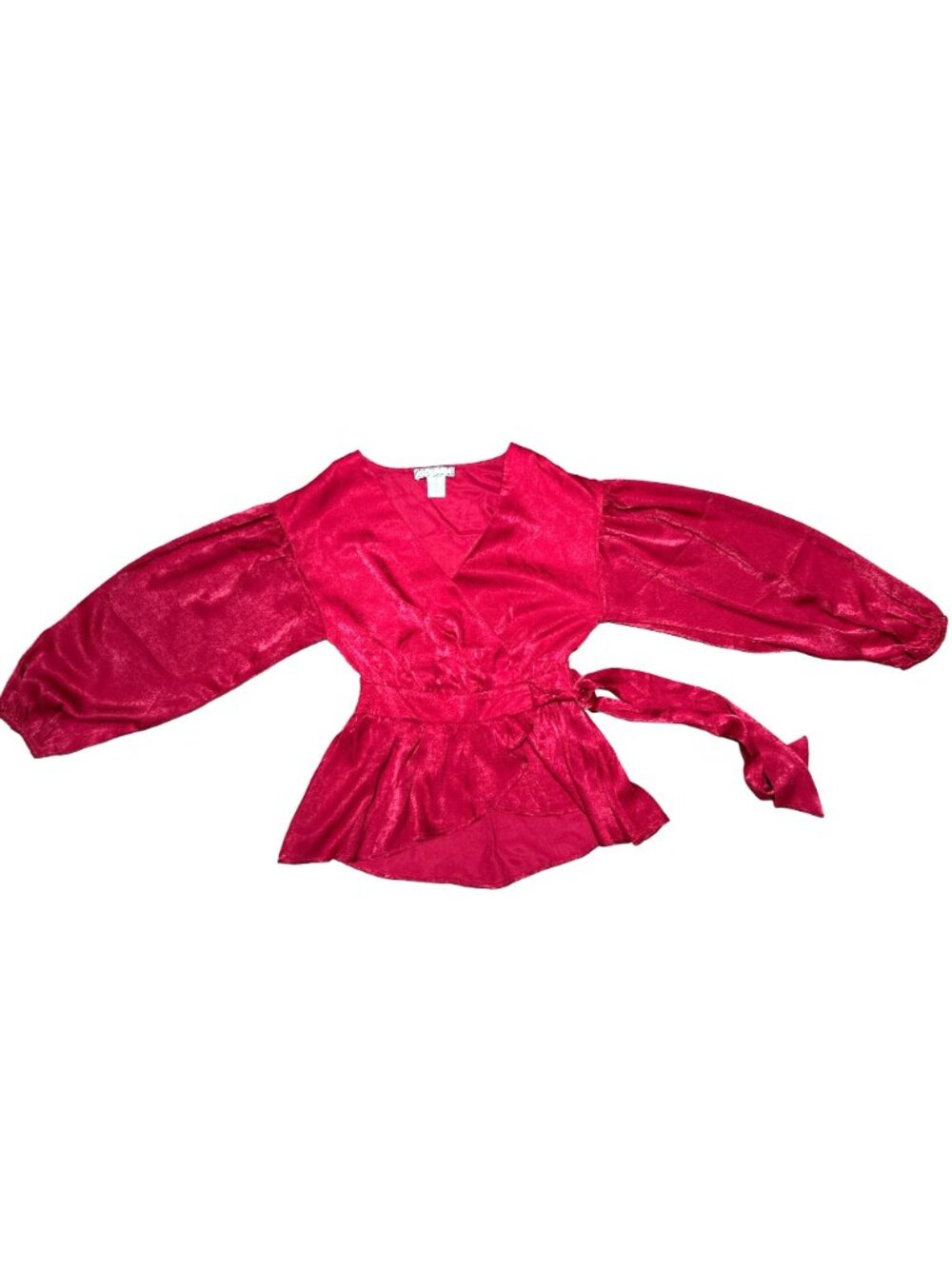 A Calin Size Sm Red Satin Wrap Blouse Peplum Balloon Sleeve Holiday Glamcore Top - Picture 6 of 10